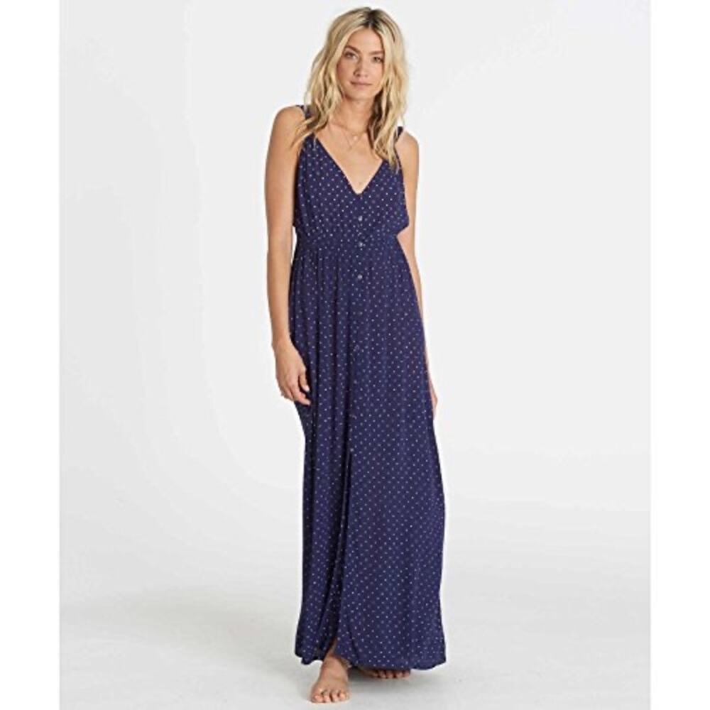 Billabong Womens Dress Sz S First Dreamer Ruffle Maxi Navy Blue White Polka Dots